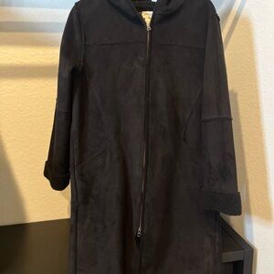 Jones New York Women’s Faux Suede Black Coat With Hood Size Medium Fleece